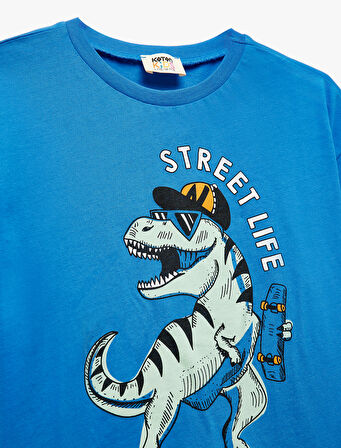 Dinozor Baskılı Bisiklet Yaka Kısa Kollu Pamuklu Tişört