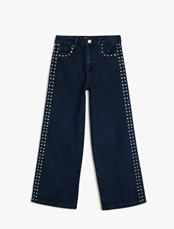 Pamuklu Zımba Detaylı Cepli Bol Paça Denim Pantolon