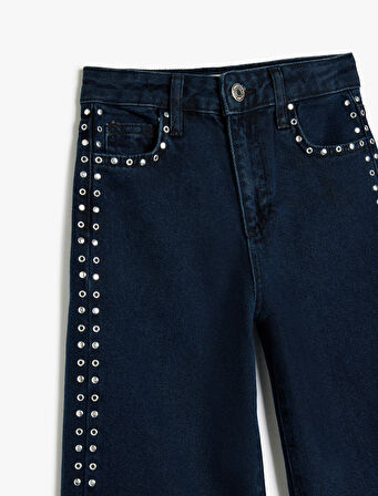 Pamuklu Zımba Detaylı Cepli Bol Paça Denim Pantolon