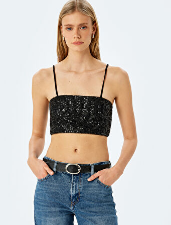 Pullu Payetli İnce Askılı Crop Atlet 