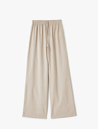 Viskon Karışımlı Beli Bağcıklı Çizgili Bol Paça Pantolon