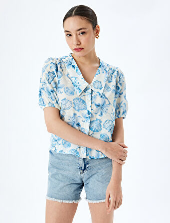 Balon Kol Çiçekli Düğmeli Crop Oversize Gömlek