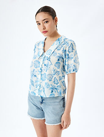 Balon Kol Çiçekli Düğmeli Crop Oversize Gömlek