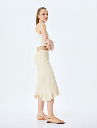 Asimetrik Midi Yüksek Bel Dikiş Detaylı Etek