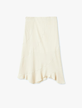 Asimetrik Midi Yüksek Bel Dikiş Detaylı Etek