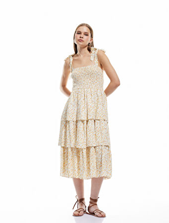 Fiyonklu Askılı Katlı Gipeli U Yaka Çiçekli Viskon Midi Elbise