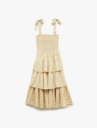 Fiyonklu Askılı Katlı Gipeli U Yaka Çiçekli Viskon Midi Elbise