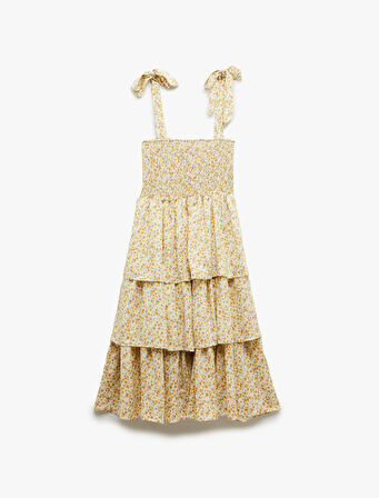 Fiyonklu Askılı Katlı Gipeli U Yaka Çiçekli Viskon Midi Elbise