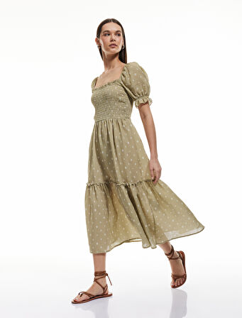 Pamuklu Kısa Balon Kollu Gipeli Puantiyeli Katlı Uzun Elbise