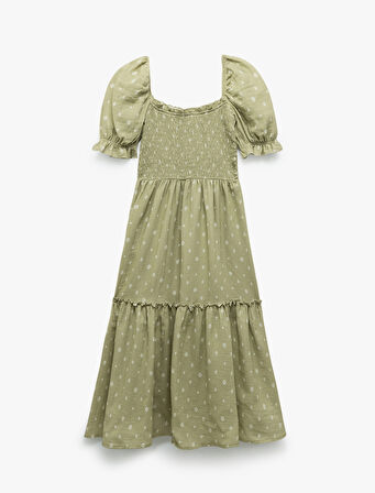 Pamuklu Kısa Balon Kollu Gipeli Puantiyeli Katlı Uzun Elbise