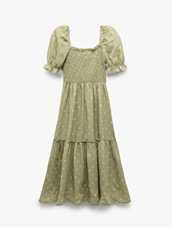 Pamuklu Kısa Balon Kollu Gipeli Puantiyeli Katlı Uzun Elbise