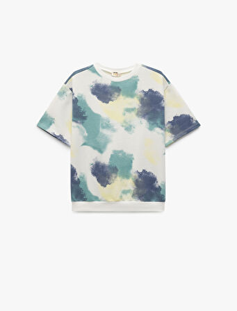 Desenli Kısa Kollu Bisiklet Yaka Sweatshirt