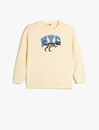 Sweatshirt Dinozor Baskılı Bisiklet Yaka Uzun Kollu Şardonlu