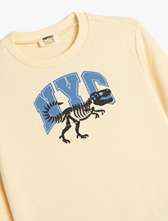 Sweatshirt Dinozor Baskılı Bisiklet Yaka Uzun Kollu Şardonlu