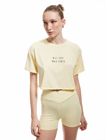 Slogan Baskılı Kısa Kollu Bisiklet Yaka Spor Crop Tişört