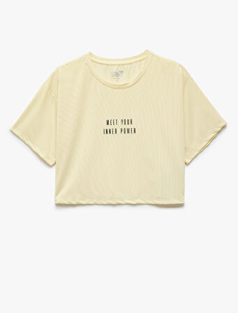 Slogan Baskılı Kısa Kollu Bisiklet Yaka Spor Crop Tişört