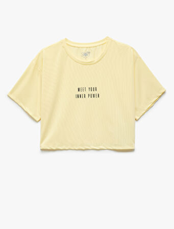 Slogan Baskılı Kısa Kollu Bisiklet Yaka Spor Crop Tişört