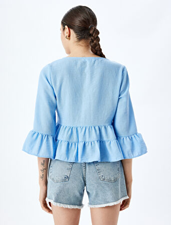 Bağcıklı U Yaka Crop Volanlı Bluz