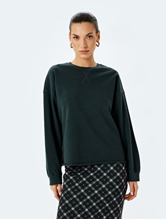 Pamuklu Bisiklet Yaka Uzun Kollu Oversize Sweatshirt