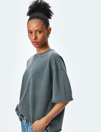 Pamuklu Bisiklet Yaka Kısa Kollu Sweatshirt