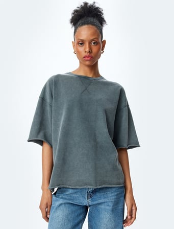 Pamuklu Bisiklet Yaka Kısa Kollu Sweatshirt