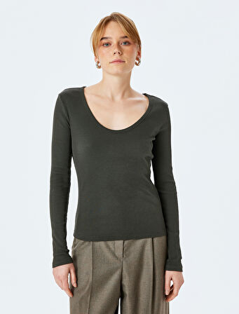 Pamuklu Uzun Kollu U Yaka Slim Fit Fitilli Tişört