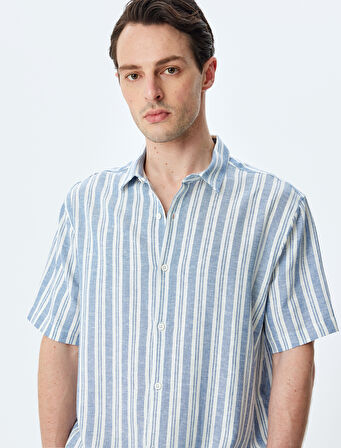 Kısa Kollu Regular Fit Çizgili Keten Karışımlı Gömlek