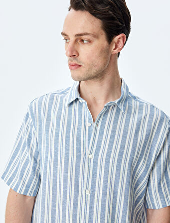 Kısa Kollu Regular Fit Çizgili Keten Karışımlı Gömlek