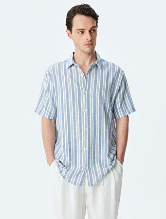 Kısa Kollu Regular Fit Çizgili Keten Karışımlı Gömlek