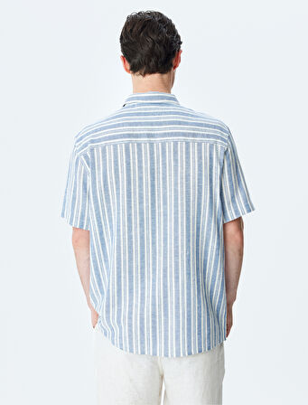 Kısa Kollu Regular Fit Çizgili Keten Karışımlı Gömlek