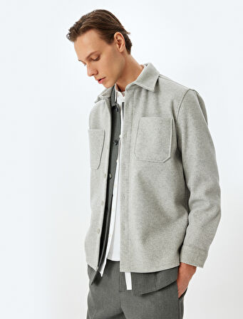 Viskon Karışımlı Cep Detaylı Uzun Kollu Kaşe Gömlek Ceket