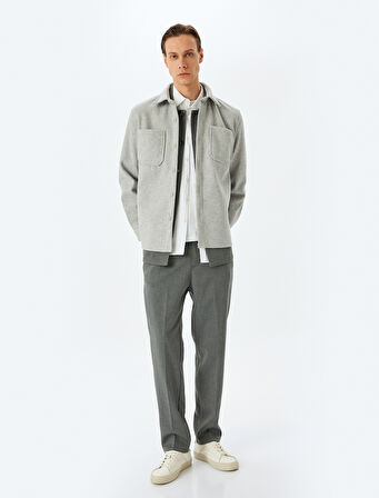 Viskon Karışımlı Cep Detaylı Uzun Kollu Kaşe Gömlek Ceket