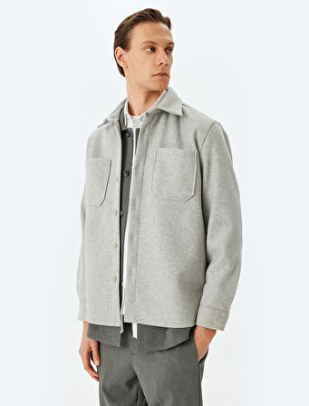 Viskon Karışımlı Cep Detaylı Uzun Kollu Kaşe Gömlek Ceket