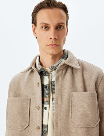 Viskon Karışımlı Cep Detaylı Uzun Kollu Kaşe Gömlek Ceket