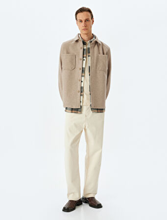 Viskon Karışımlı Cep Detaylı Uzun Kollu Kaşe Gömlek Ceket