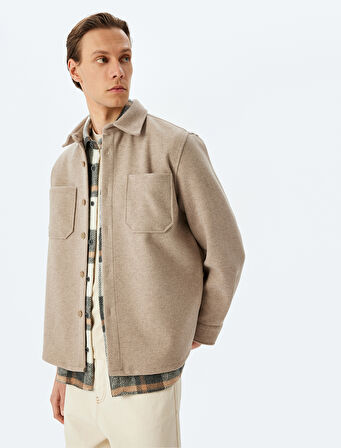 Viskon Karışımlı Cep Detaylı Uzun Kollu Kaşe Gömlek Ceket