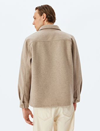 Viskon Karışımlı Cep Detaylı Uzun Kollu Kaşe Gömlek Ceket