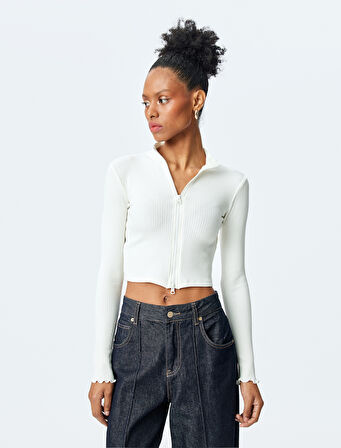 Slim Fit Uzun Kollu Fermuarlı Crop Triko Hırka