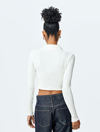 Slim Fit Uzun Kollu Fermuarlı Crop Triko Hırka