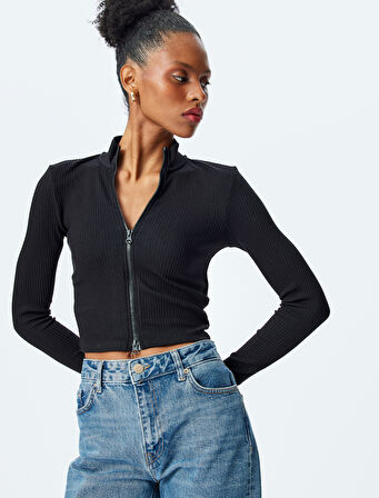 Slim Fit Uzun Kollu Fermuarlı Crop Triko Hırka