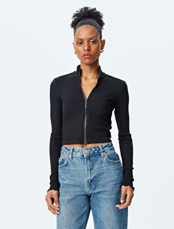 Slim Fit Uzun Kollu Fermuarlı Crop Triko Hırka