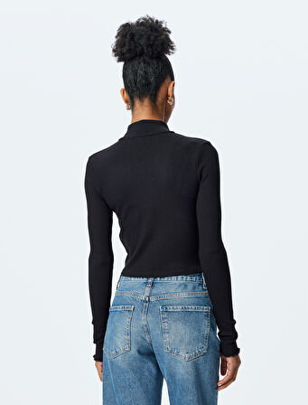 Slim Fit Uzun Kollu Fermuarlı Crop Triko Hırka