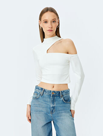 Omzu Açık Pencere Detaylı Uzun Kollu Crop Tişört