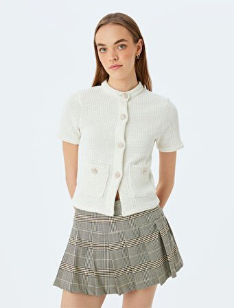 Düğme Detaylı Cepli Bisiklet Yaka Kısa Kollu Triko Hırka