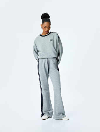 Nakış Detaylı Çizgili Bisiklet Yaka Uzun Kollu Sweatshirt