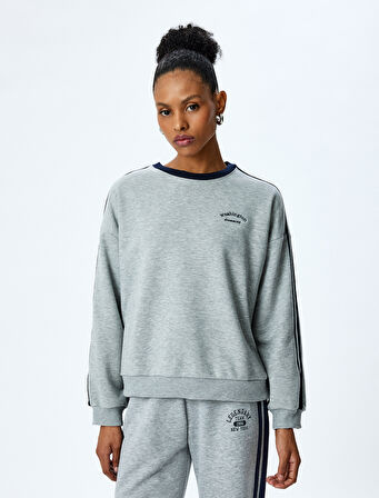 Nakış Detaylı Çizgili Bisiklet Yaka Uzun Kollu Sweatshirt