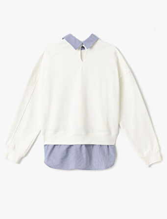 İki Farklı Kumaş Kullanımlı Uzun Kollu Pamuklu Gömlek Yaka Sweatshirt