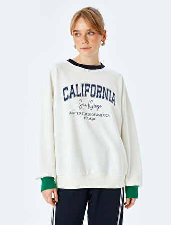 Bisiklet Yaka Uzun Kollu Baskılı Oversize Sweatshirt