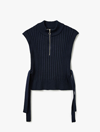 Yanları Bağlamalı Fermuar Detaylı Dik Yaka Kolsuz Süveter