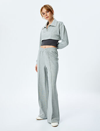 Asimetrik Bel Detaylı Nervürlü Geniş Paça Eşofman Altı